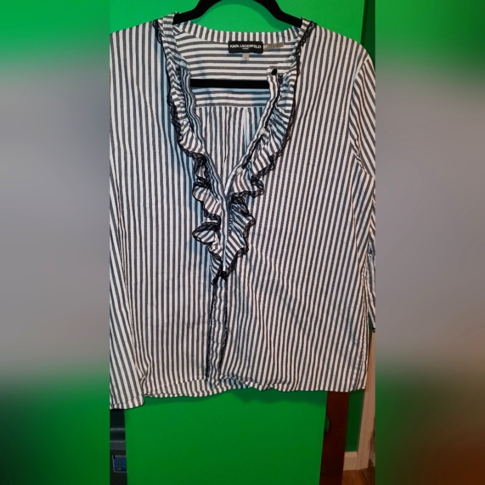 Karl Lagerfeld Monochrome Striped Ruffle Blouse